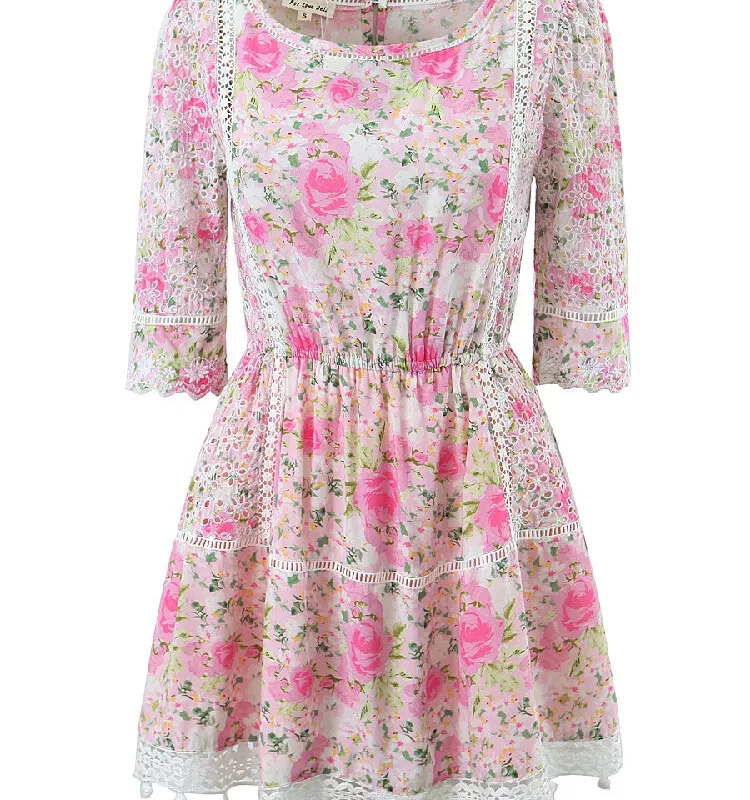 Pink rose floral lace patchwork dress