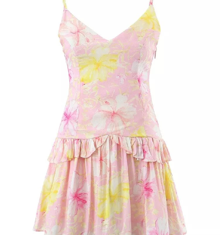Pink yellow floral V-neck suspender dress